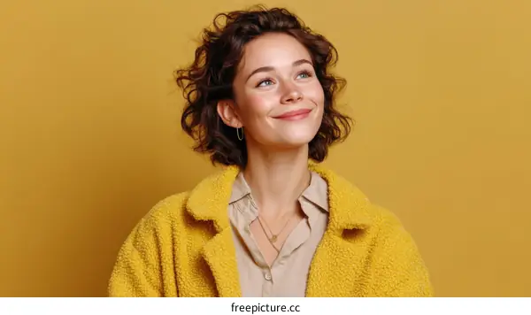 Smiling Woman in a Yellow Coat Against a Mustard Background