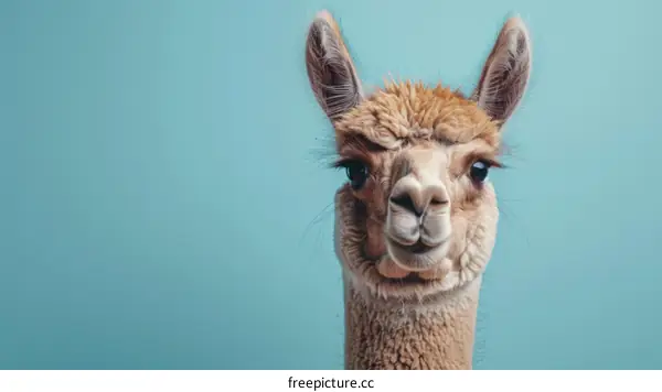 A close-up of an alpaca looking at the camera with a funny expression on its face