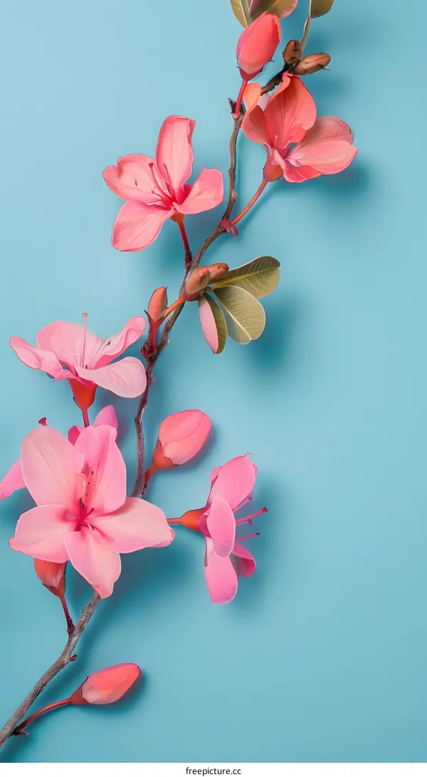 Pink Flowers Branch on Blue Background