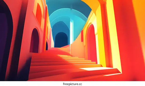 Abstract Architecture with Colorful Stairs and Arched Passages