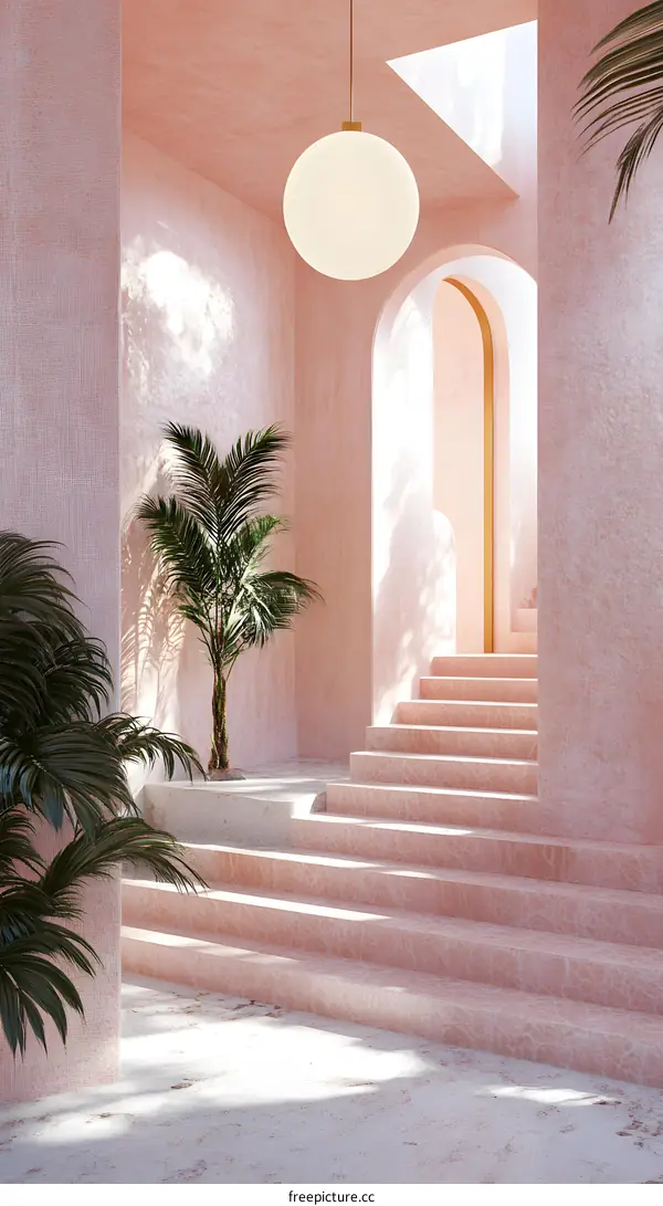 Pink Minimalist Interior Design With Archway and Stairs