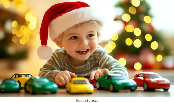 Toddler Playing with Toy Cars by Christmas Tree