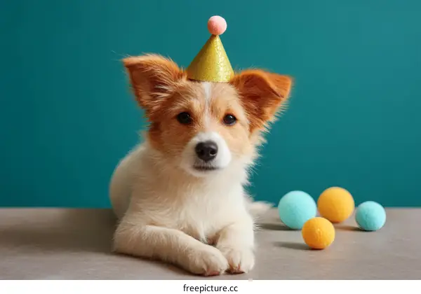 Cute Dog Wearing Party Hat with Colorful Balls