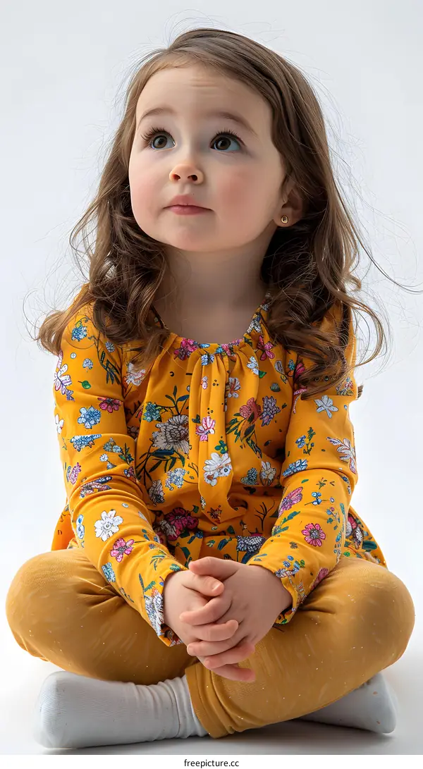 Little Girl in Yellow Floral Dress Sitting on White Background