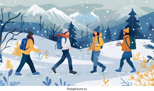 Winter Hiking Illustration With Four People
