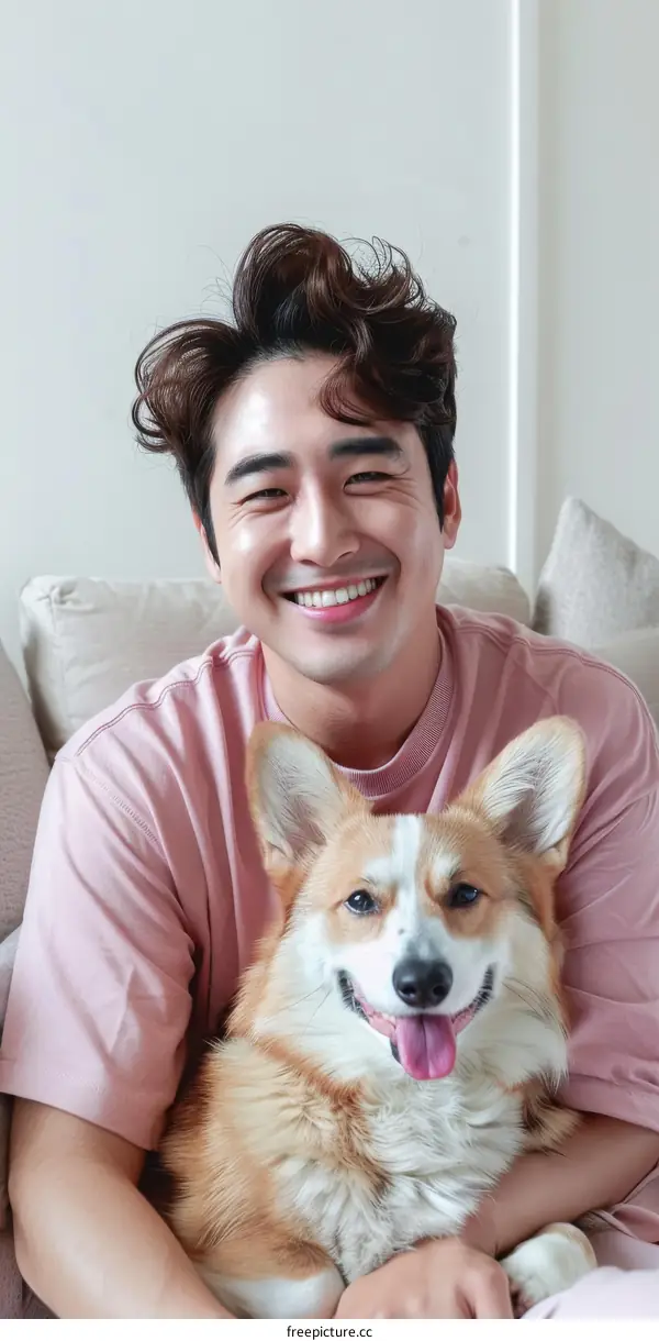A smiling Asian man and his corgi dog