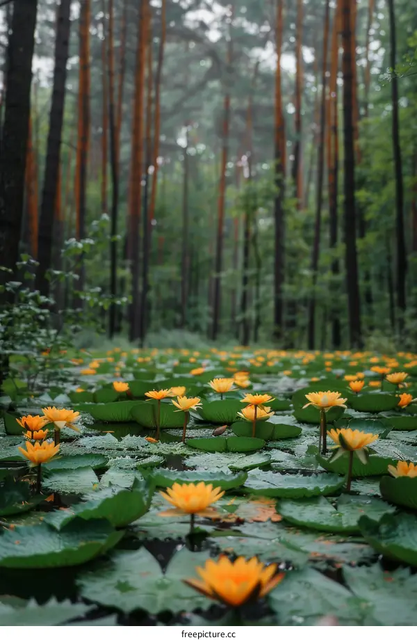 Mystical Pond in a Serene Pine Forest