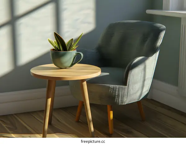 Modern Chair and Side Table with Plant in a Cup