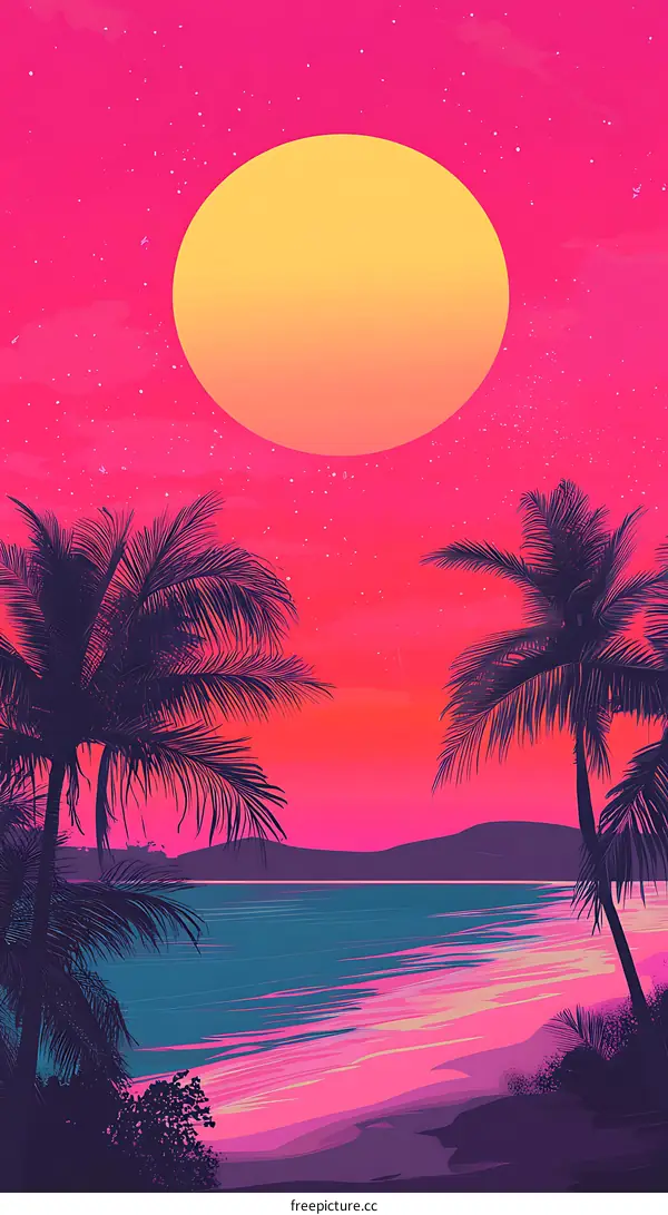 Sunset Palm Beach with Big Moon Illustration
