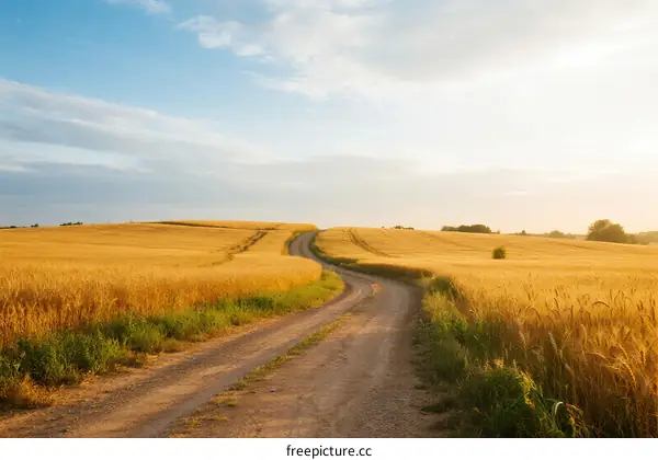 A winding dirt road through golden wheat fields under a clear sky