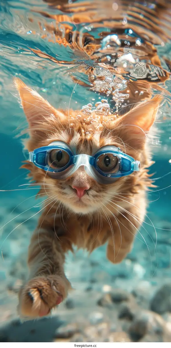 A ginger cat wearing blue goggles swims underwater