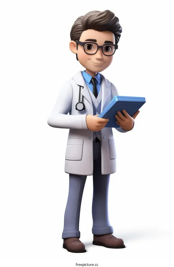 A male doctor in a white coat holding a clipboard