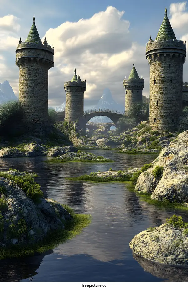 Fantasy Castle Towers Landscape with Bridge and River