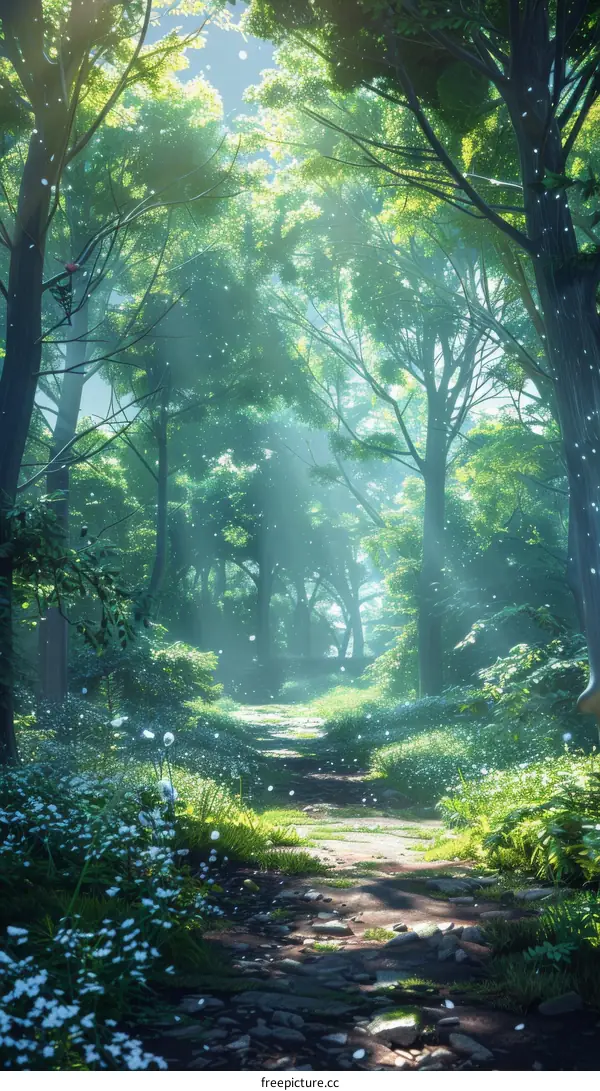 Tranquil Forest Path with Flowers and Sunlight