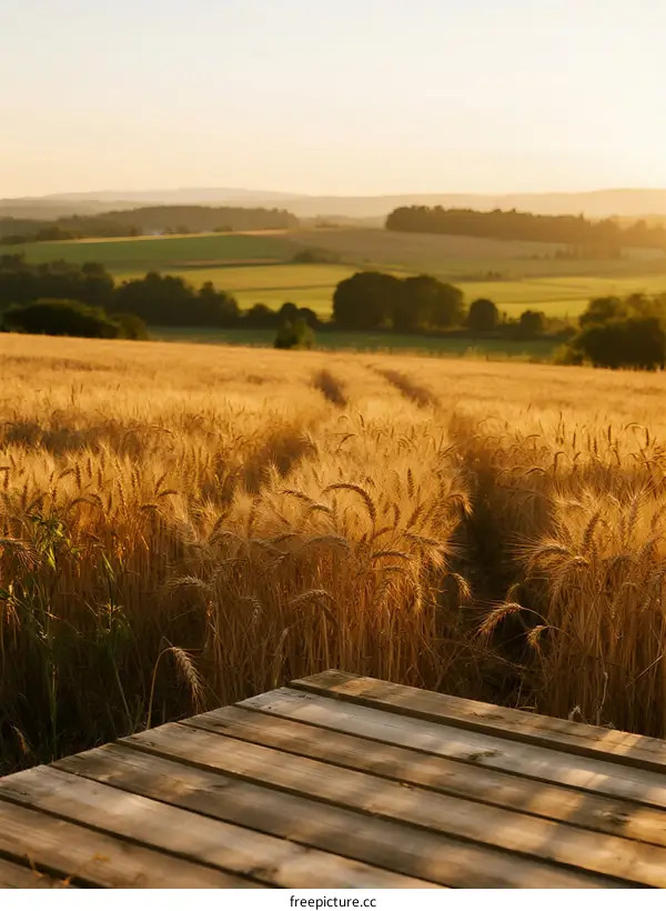 Golden Wheat Field with Wooden Platform at Sunset