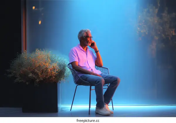 Mature Man Talking on Phone Outdoor Patio