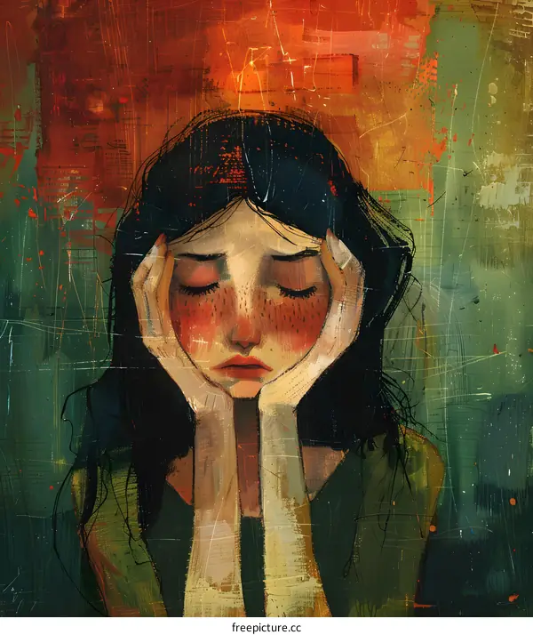 A girl with freckles holding her head in her hands