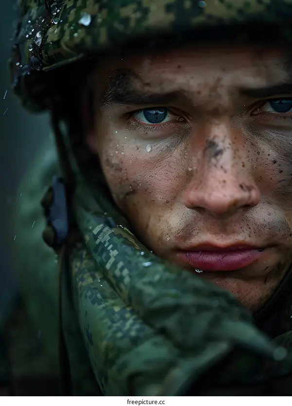 Portrait of a young soldier with blue eyes and a dirty face