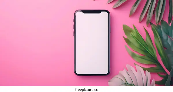 Pink Background with Smartphone and Tropical Leaves