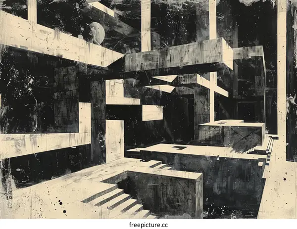 Black and white painting of a city