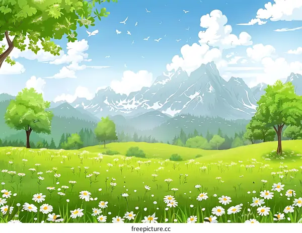 Green Meadow with Snowy Mountain View