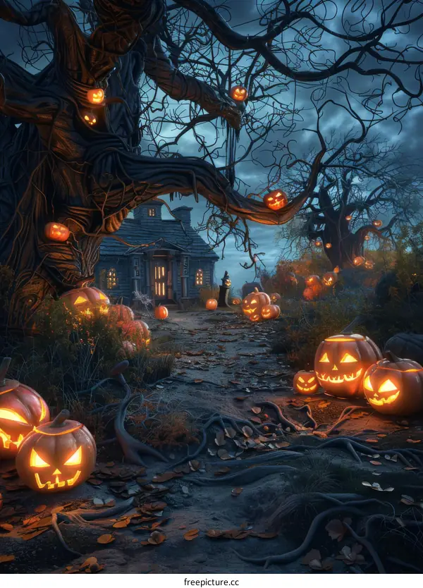 Halloween Haunted House with Carved Pumpkin