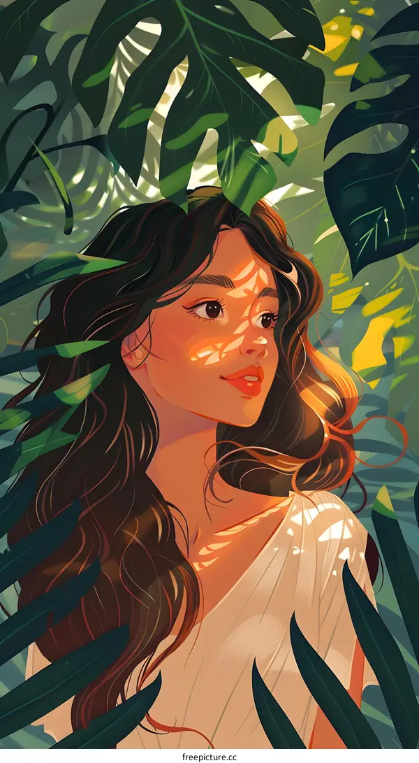Woman with Long Brown Hair in Lush Tropical Foliage