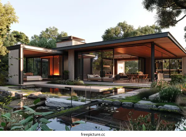 Modern House Exterior With Pool And Garden