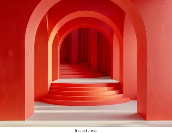 Abstract Archway Corridor in Vivid Red