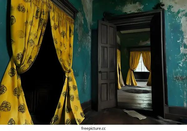 Yellow Curtains In A Room With Teal Walls
