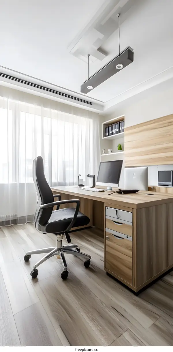 Modern Home Office Interior Design with Wooden Desk and Comfortable Chair