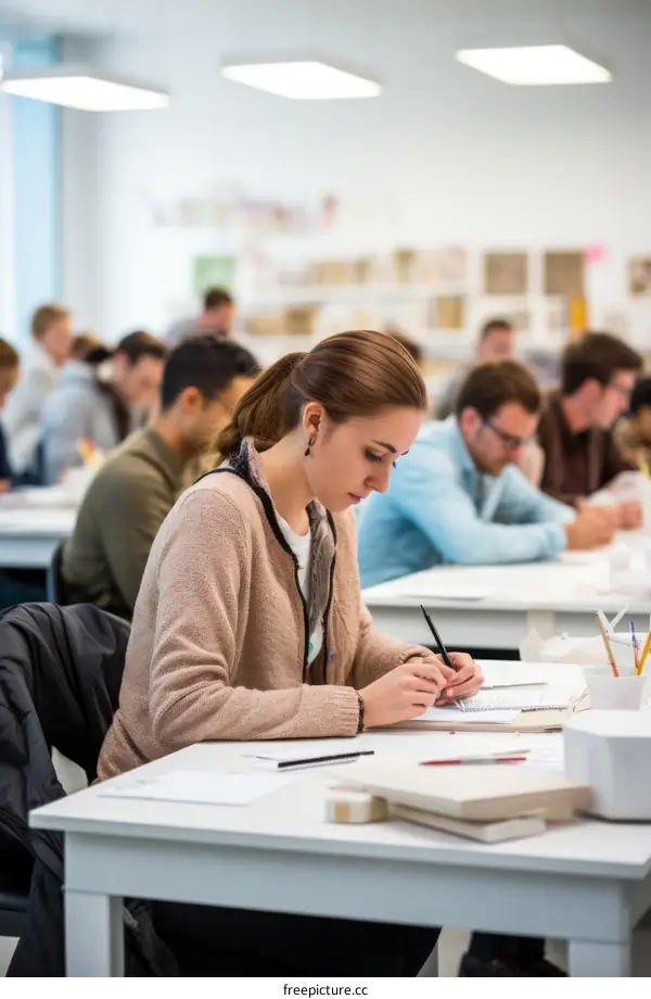 Focused young female student studying in the library