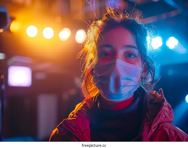 Portrait of a young woman wearing a mask in a nightclub