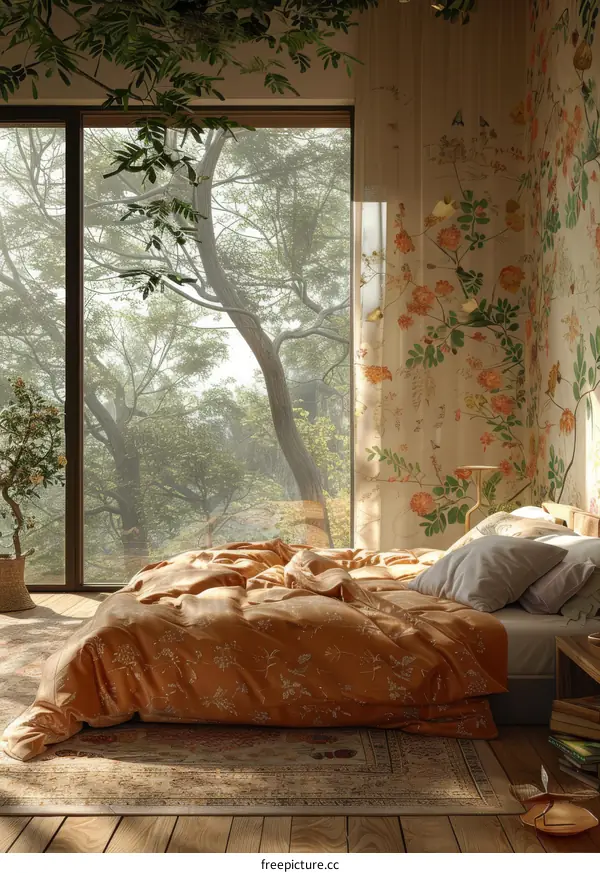 Rustic Bedroom with Lush Forest View