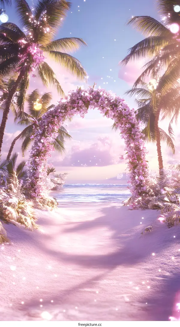 Pink Flower Archway on Beach with Palm Trees
