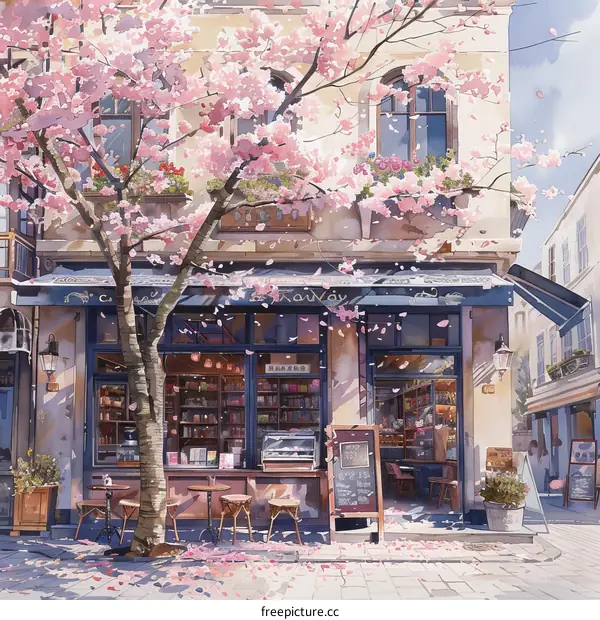 A European-style street with a pink cherry blossom tree in front of a cafe