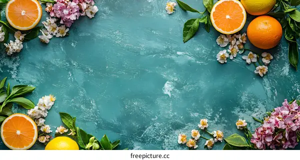 Fresh Orange Slices, White and Pink Flowers on Teal Background
