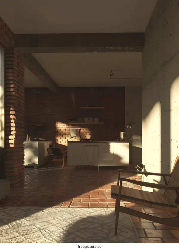 Modern Interior Design with Exposed Brick Wall and Sunlight