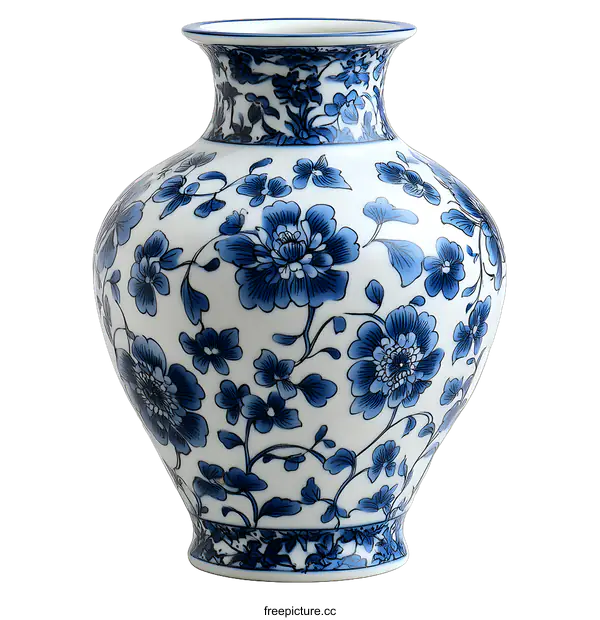[Transparent Background PNG]Blue and White Porcelain Vase with Floral Design