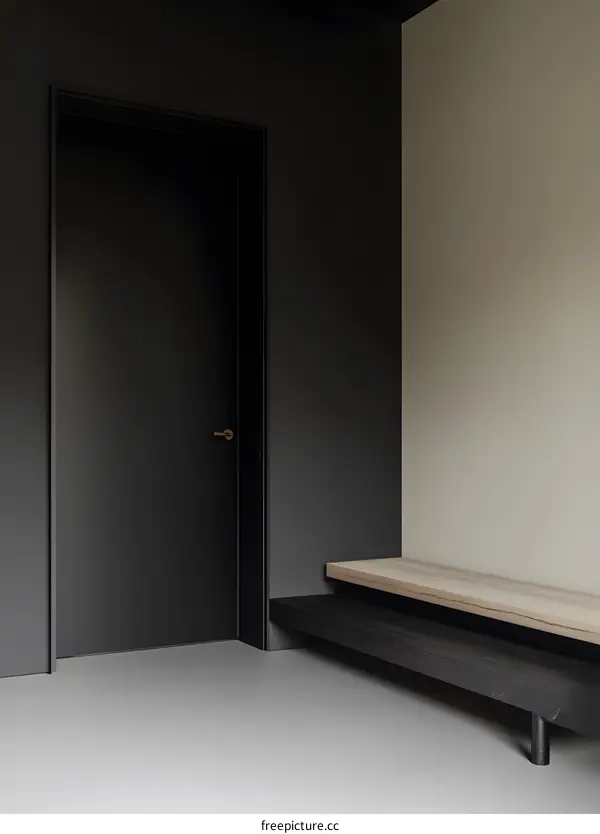Modern Minimalist Interior Design with Black Door and Wooden Bench