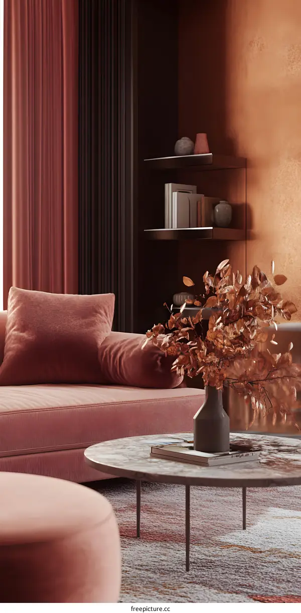 Modern Living Room Interior Design with a Pink Sofa and a Round Coffee Table