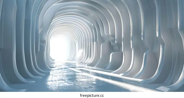 Futuristic tunnel with glowing blue light at the end