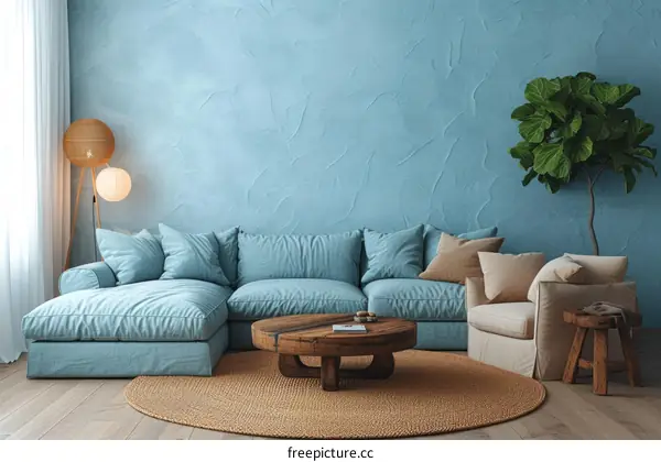 Blue textured wall living room interior with blue sofa and natural elements