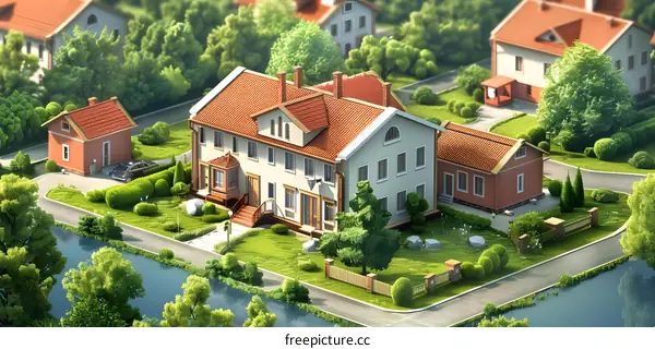 Aerial View of a House with Red Roof