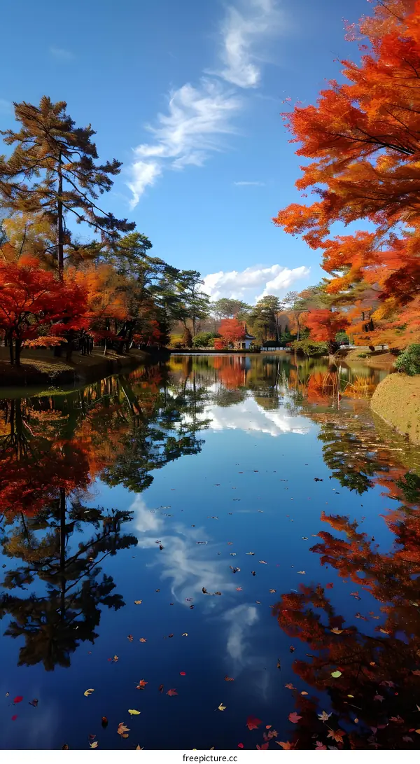 Red and orange autumn leaves and blue sky reflected in the water