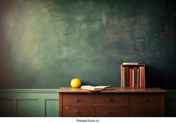 Vintage Classroom With Books And Apple On Wooden Desk