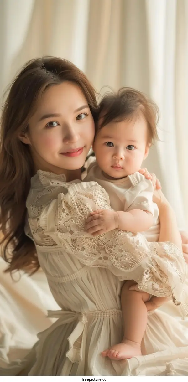 A mother is holding her baby in her arms