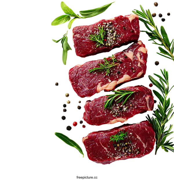 [Transparent Background PNG]Fresh Raw Beef Steaks with Herbs and Spices