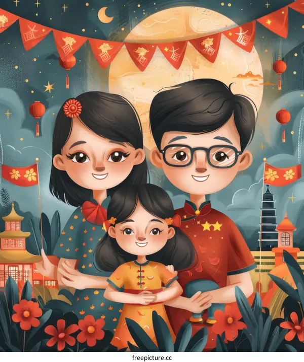 A happy family celebrating Mid-Autumn Festival
