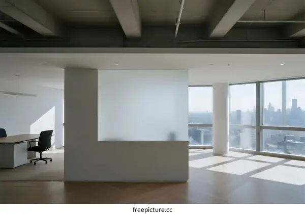 Modern office space with large windows and sleek furniture